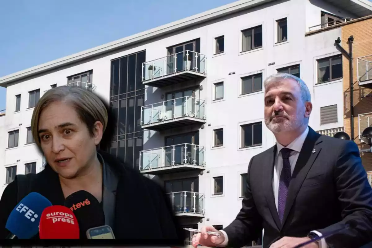 Ada Colau i Jaume Collboni en un fotomuntatge amb un edifici al fons
