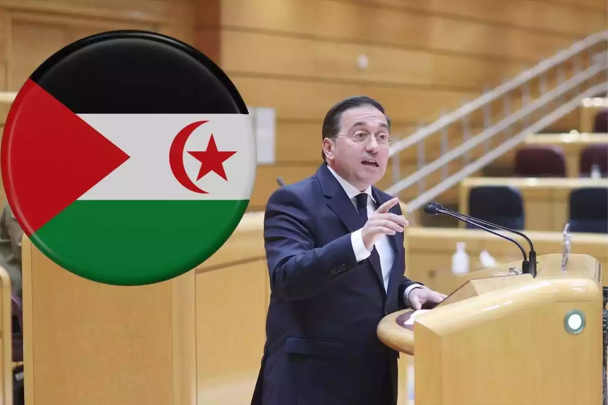 El ministre d?Exteriors José Manuel Albares amb una bandera sahrauí