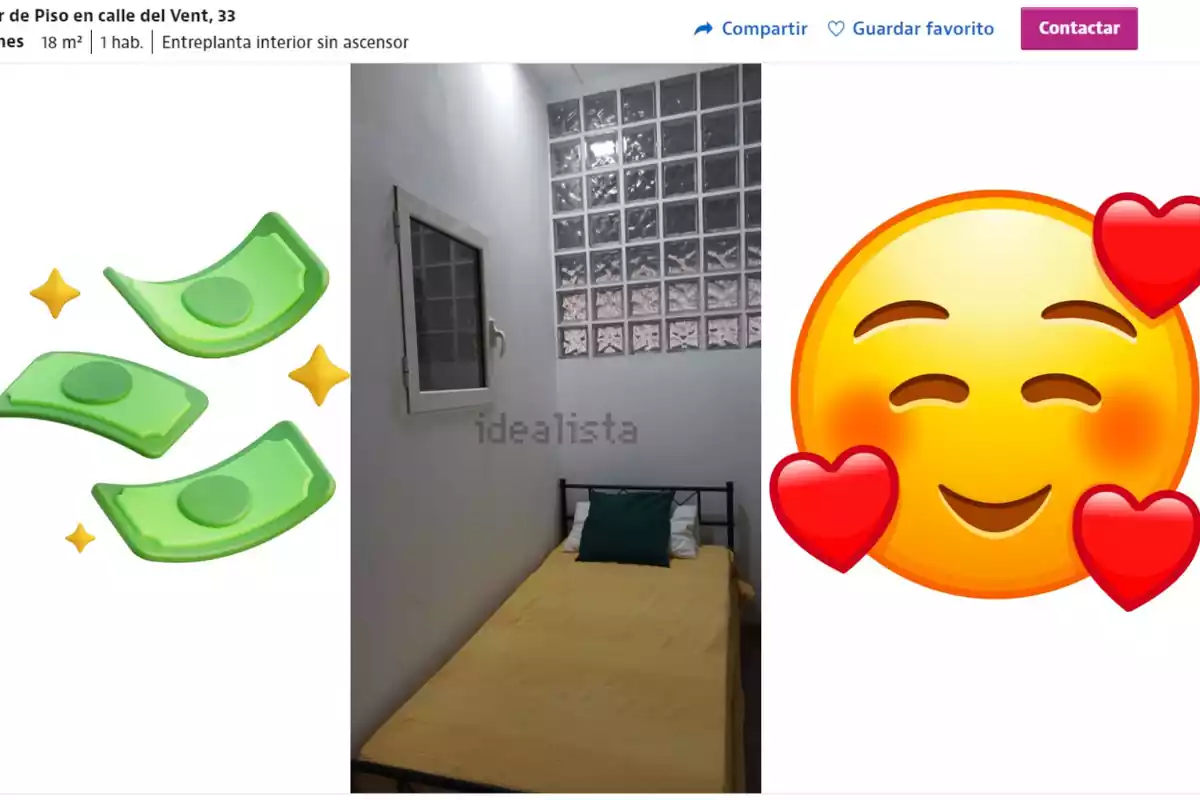 Captura de pantalla d'un pis de lloguer d'Idealista amb dues emoticones superposades