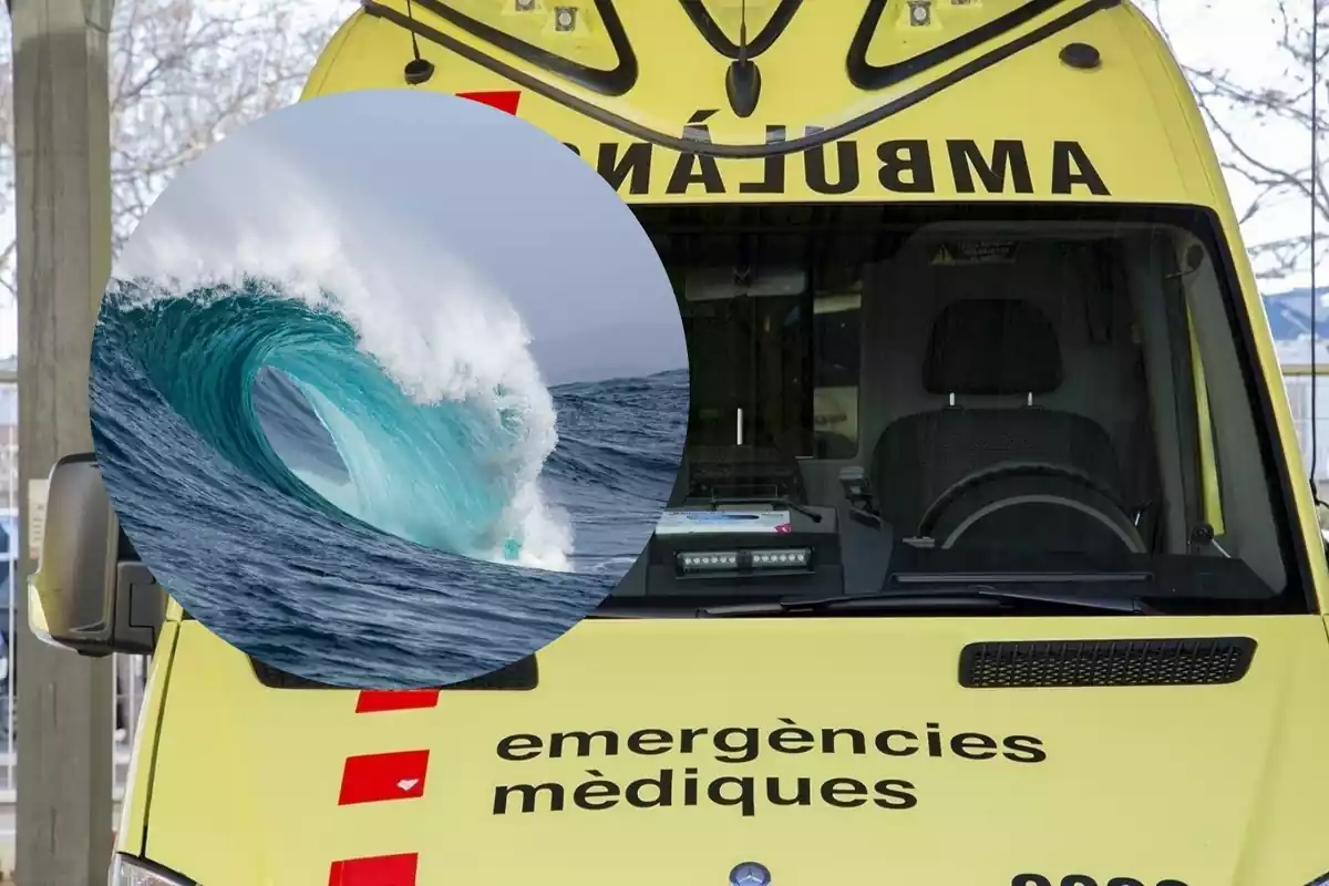 Una ambulància del SEM en un fotomuntatge amb una onada