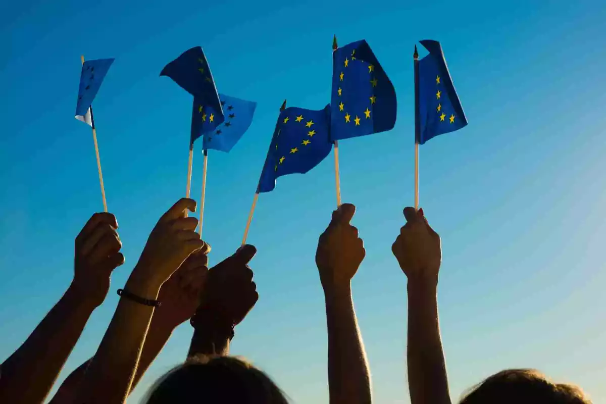 Persones aixequen banderes de la UE
