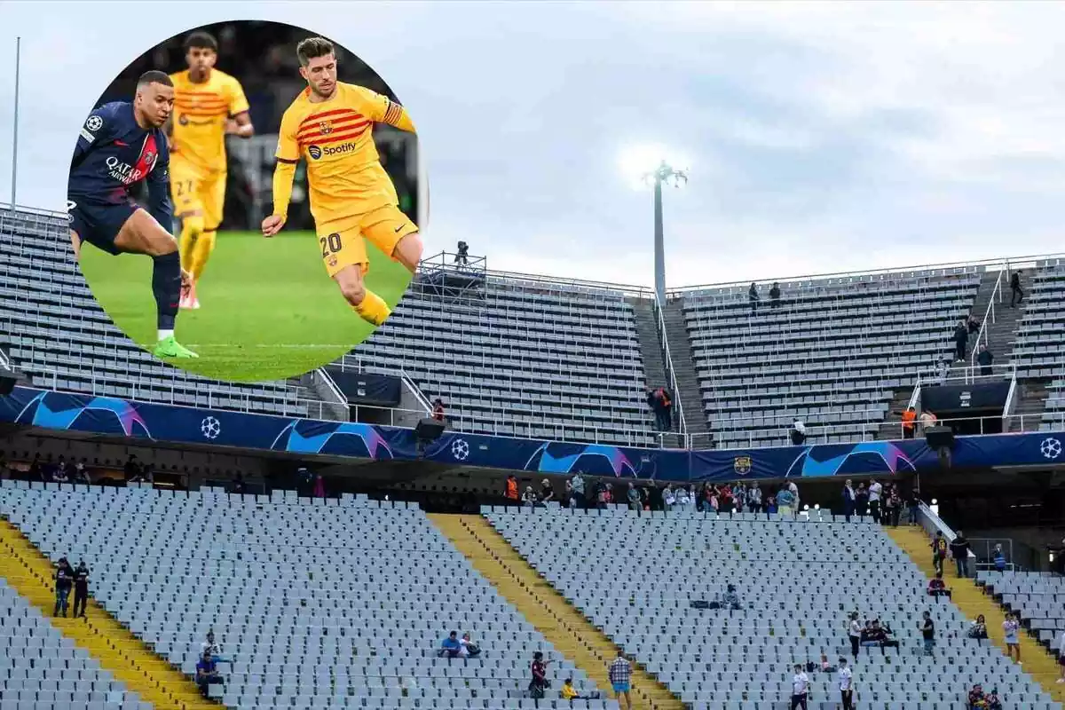 L'Estadi Olímpic i una imatge del Barça jugant contra el PSG