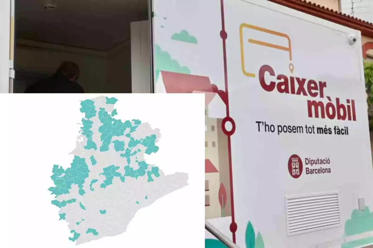 Fotomuntatge d'un caixer mòbil de la Diputació de Barcelona amb un mapa amb els municipis on estarà disponible