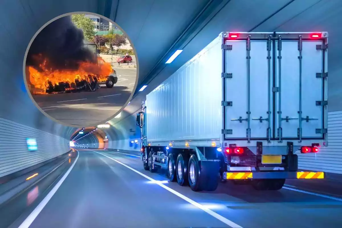 Imatge de fitxer d'un camió al costat d'una captura d'un camió cremant-se