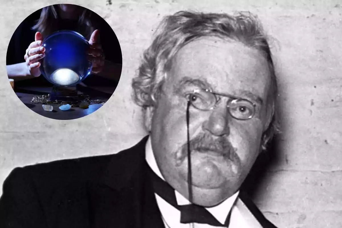 Chesterton amb una imatge d'una bola de predicció