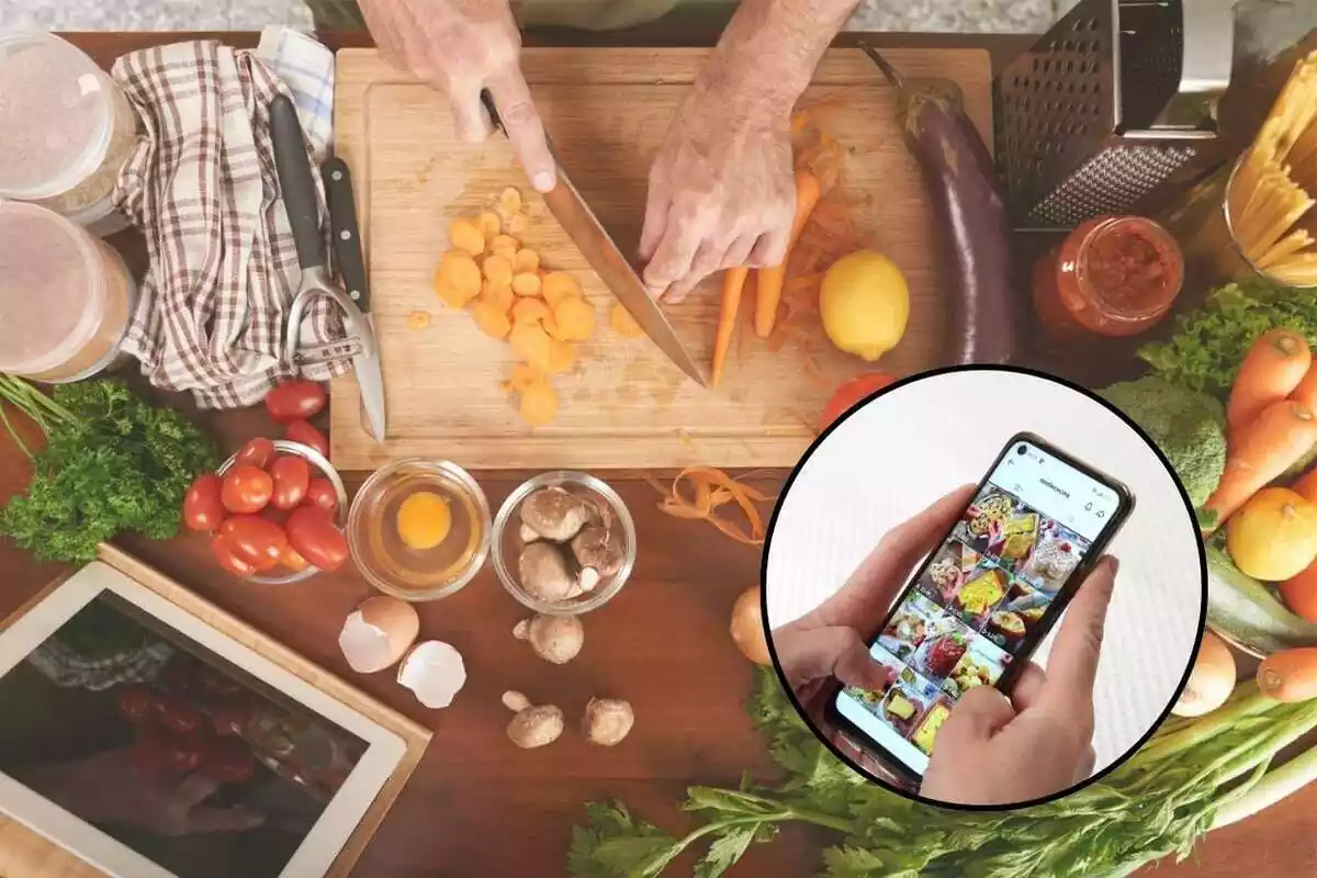 Persona cuinant i un mòbil amb les xarxes socials