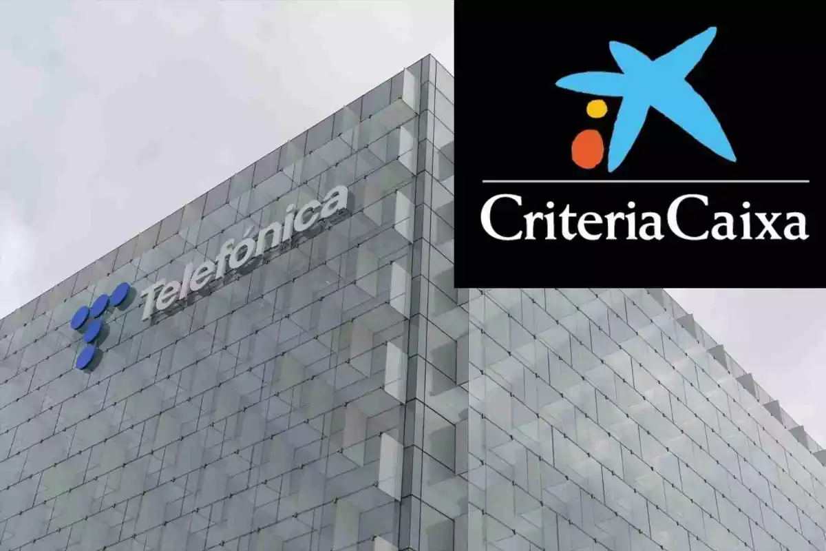 Fotomuntatge d'un edifici de Telefónica amb el logotip de CriteriaCaixa