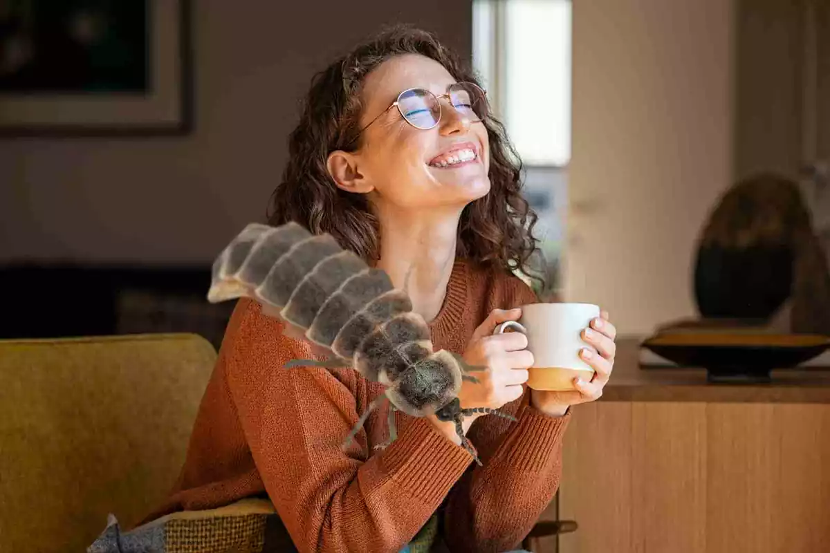 Una dona pren cafè amb una panerola a sobre