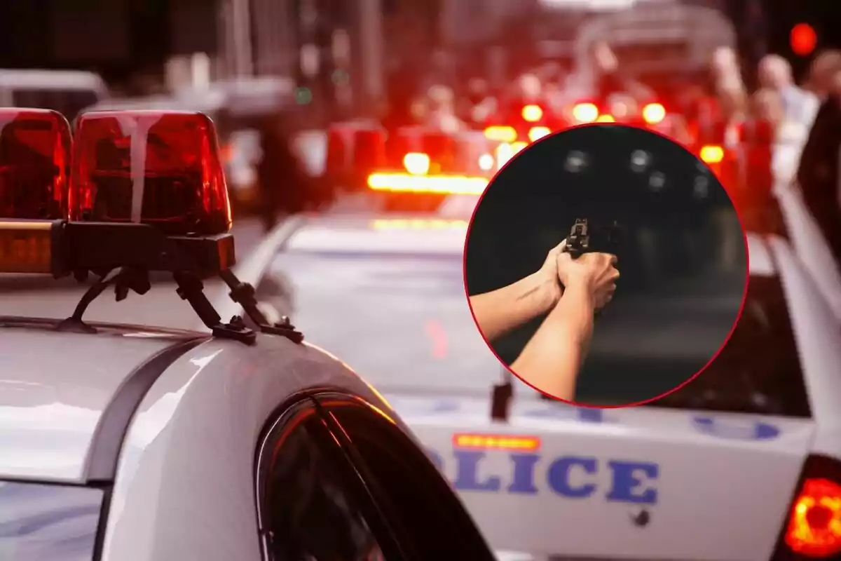 Actuacions de policia amb llums encesos i una persona apuntant amb una pistola en un cercle superposat.