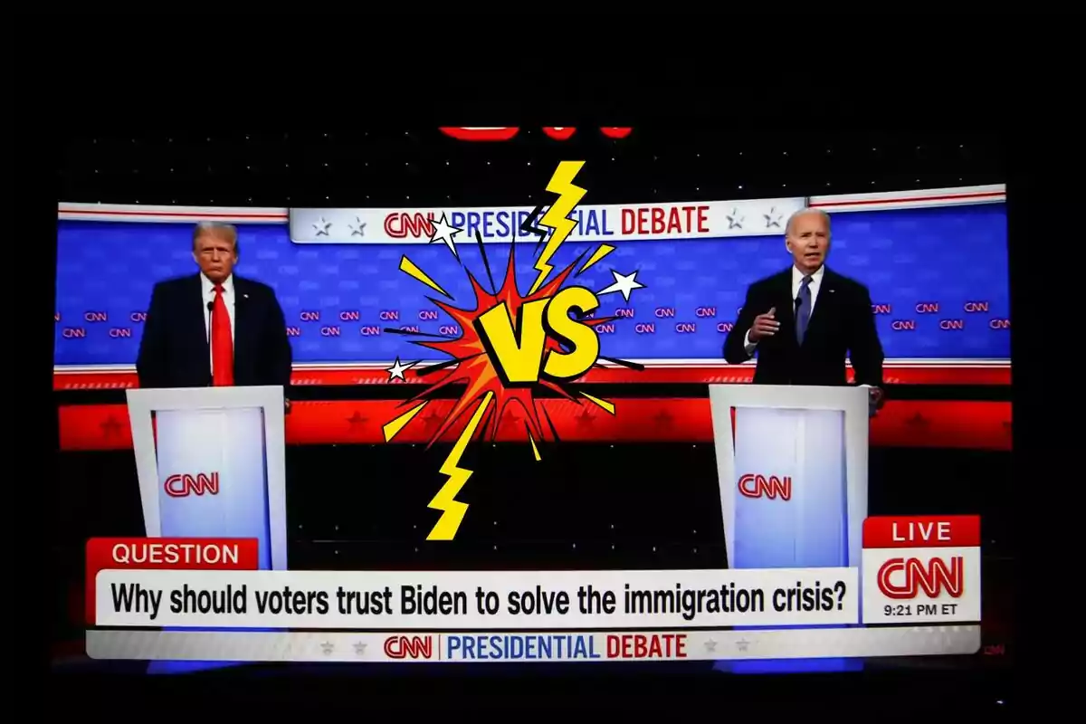 Dues persones en un debat presidencial de CNN amb un gràfic de "VS" al centre i una pregunta a la part inferior que diu "Why should voters trust Biden to solve the immigration crisi?"
