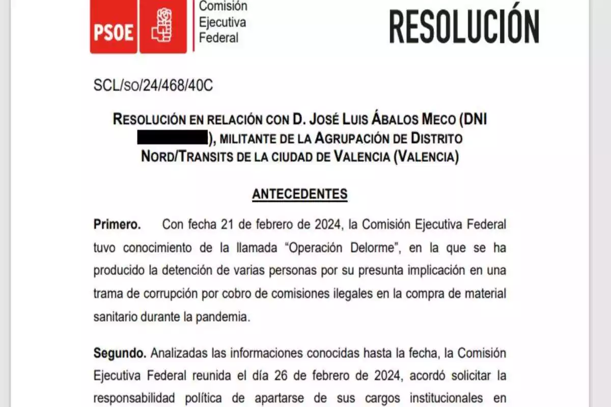 Document on el PSOE comunica la dimissió d'Ábalos
