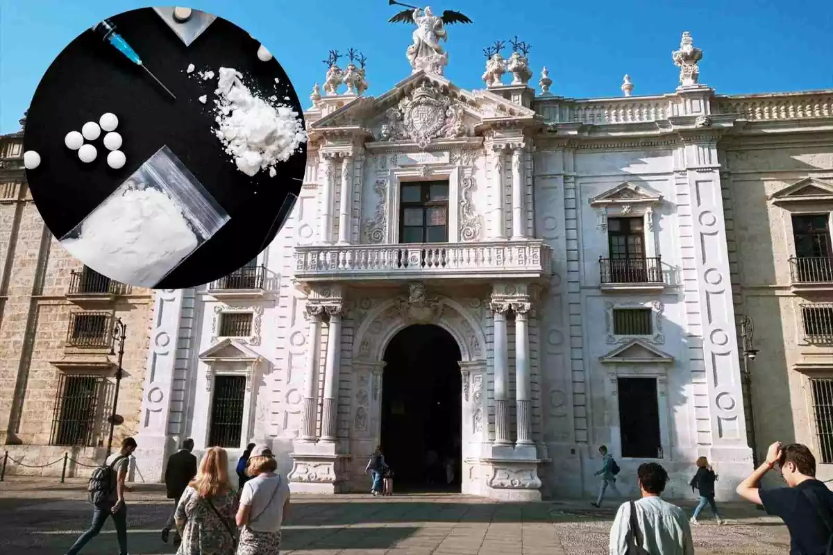 Imatge de recurs de la façana principal del Rectorat de la Universitat de Sevilla amb una imatge de drogues