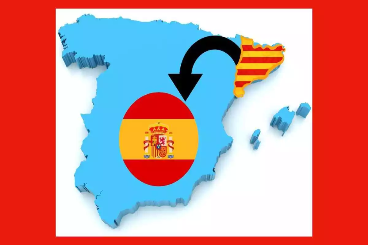 Fotomuntatge del mapa d'Espanya amb les banderes de Catalunya i Espanya