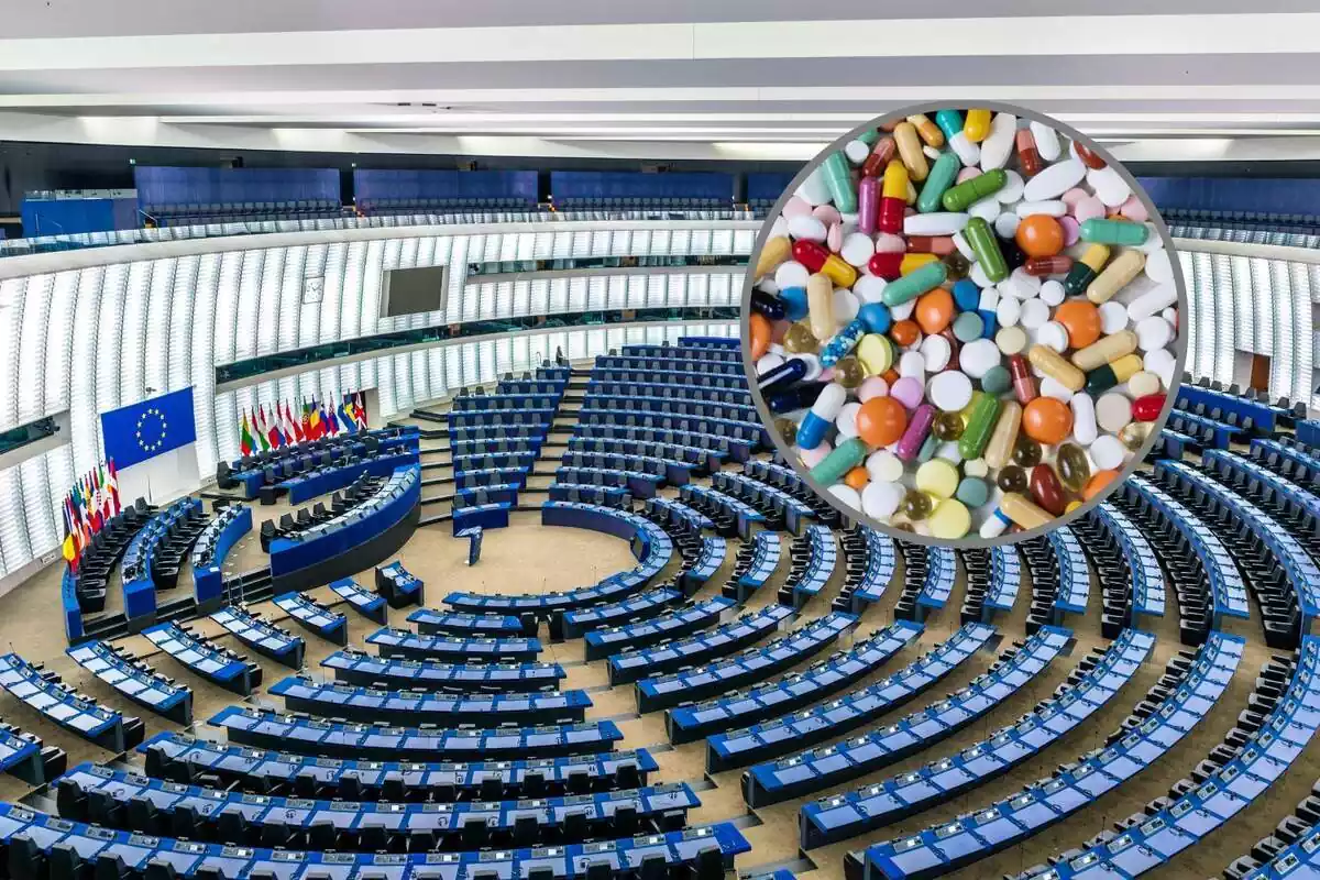 Parlament Europeu amb una imatge de pastilles