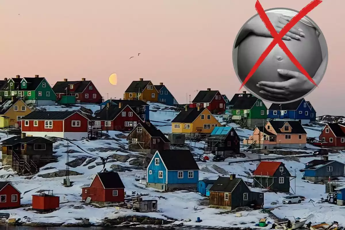 Una imatge d´un poble de Groenlàndia en un fotomuntatge amb una dona embarassada i una creu