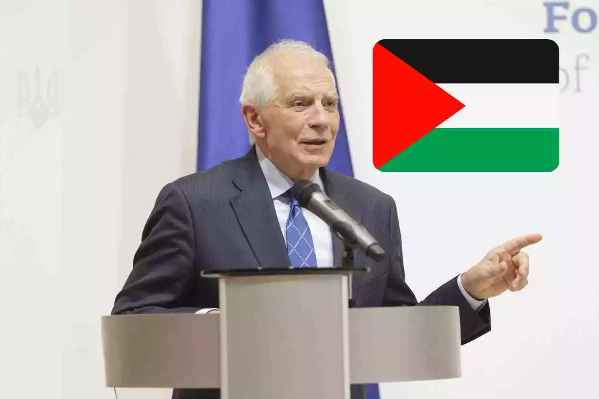 Josep Borrell en un fotomuntatge amb una bandera de Palestina