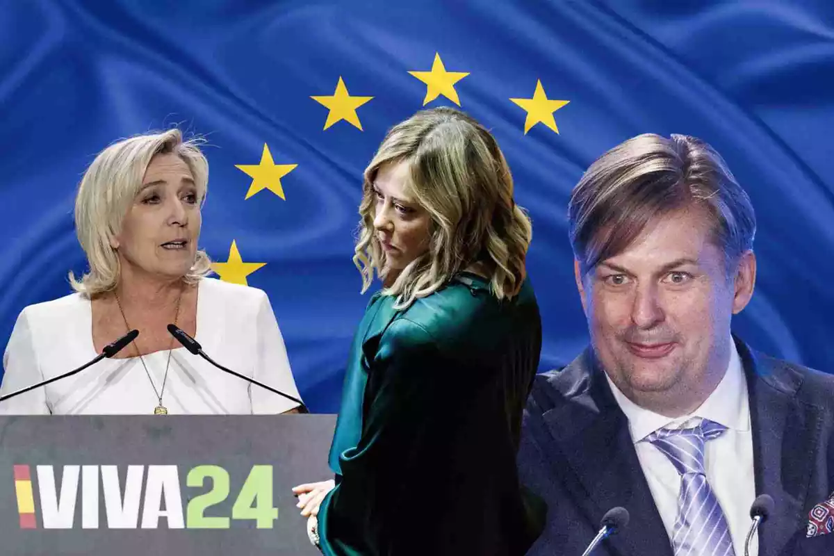 Fotomuntatge de Marine Le Pen, Geòrgia Meloni i Maximilian Krah