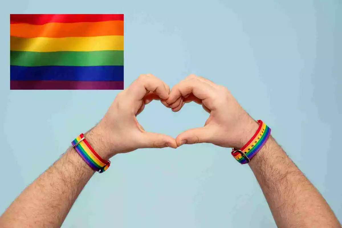 Una bandera LGTB i dues mans formant un cor