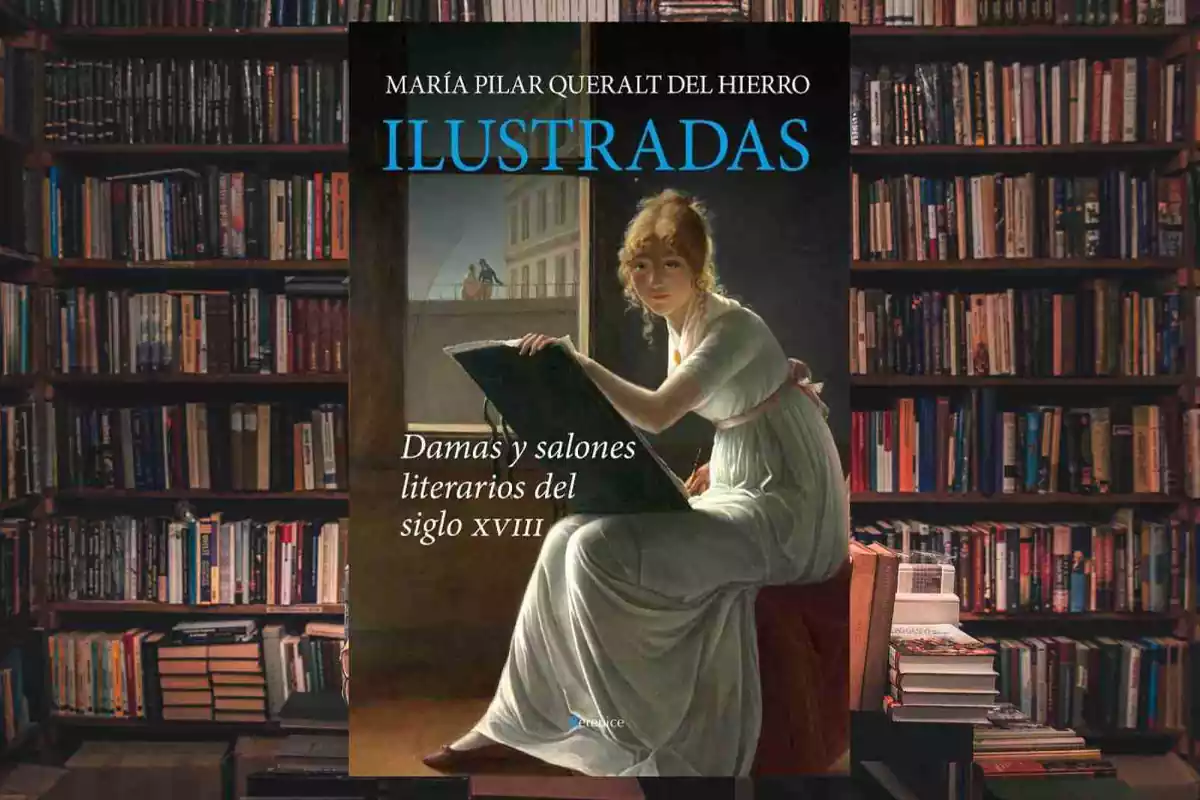 Fotomuntatge del llibre de Maria Pilar Queralt sobre una biblioteca