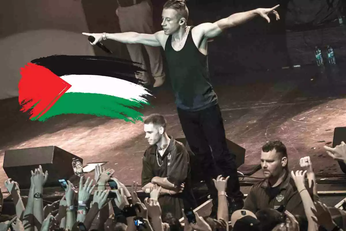 Fotomuntatge de Macklemore amb la bandera de Palestina
