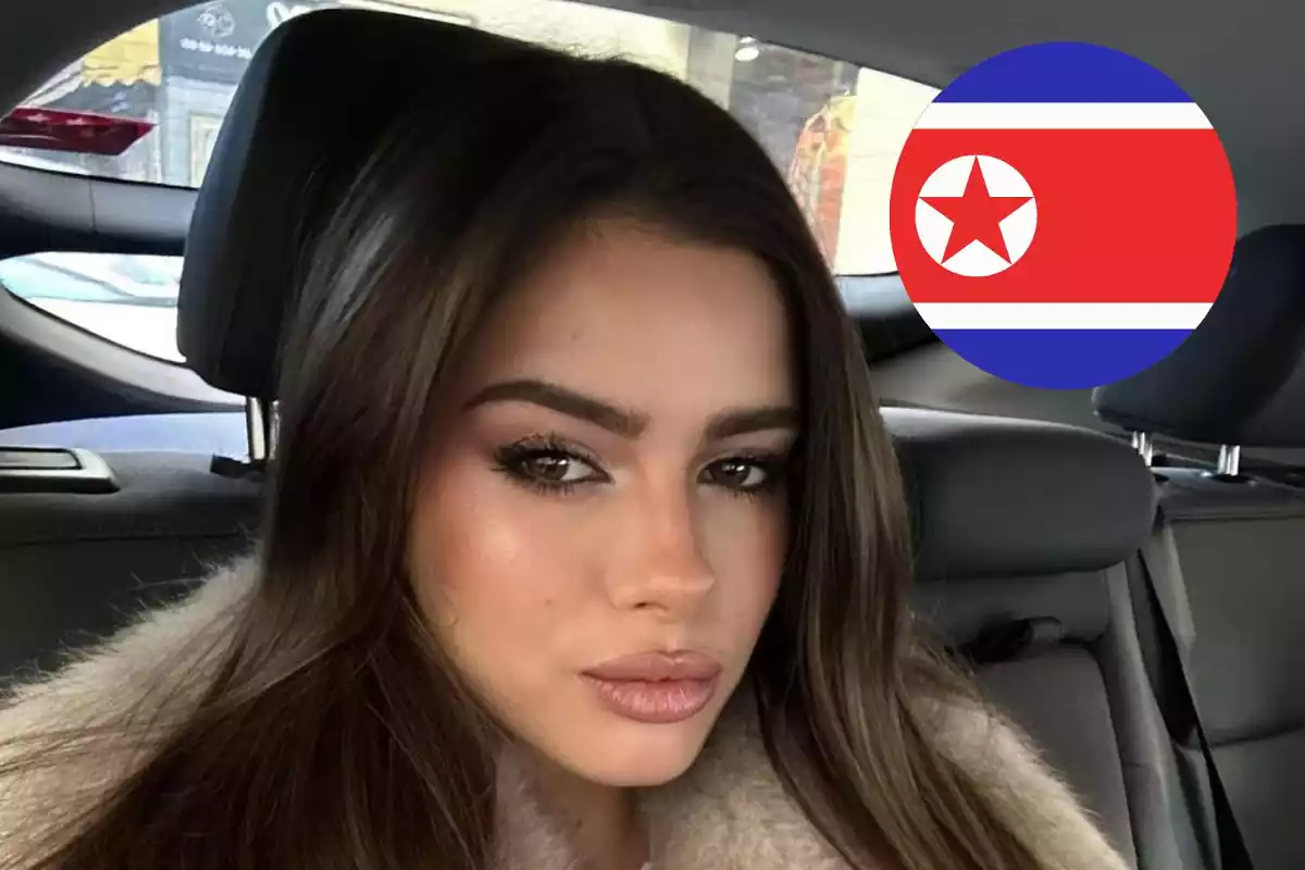 La influencer Mar Lucas en un fotomuntatge amb la bandera de Corea del Nord