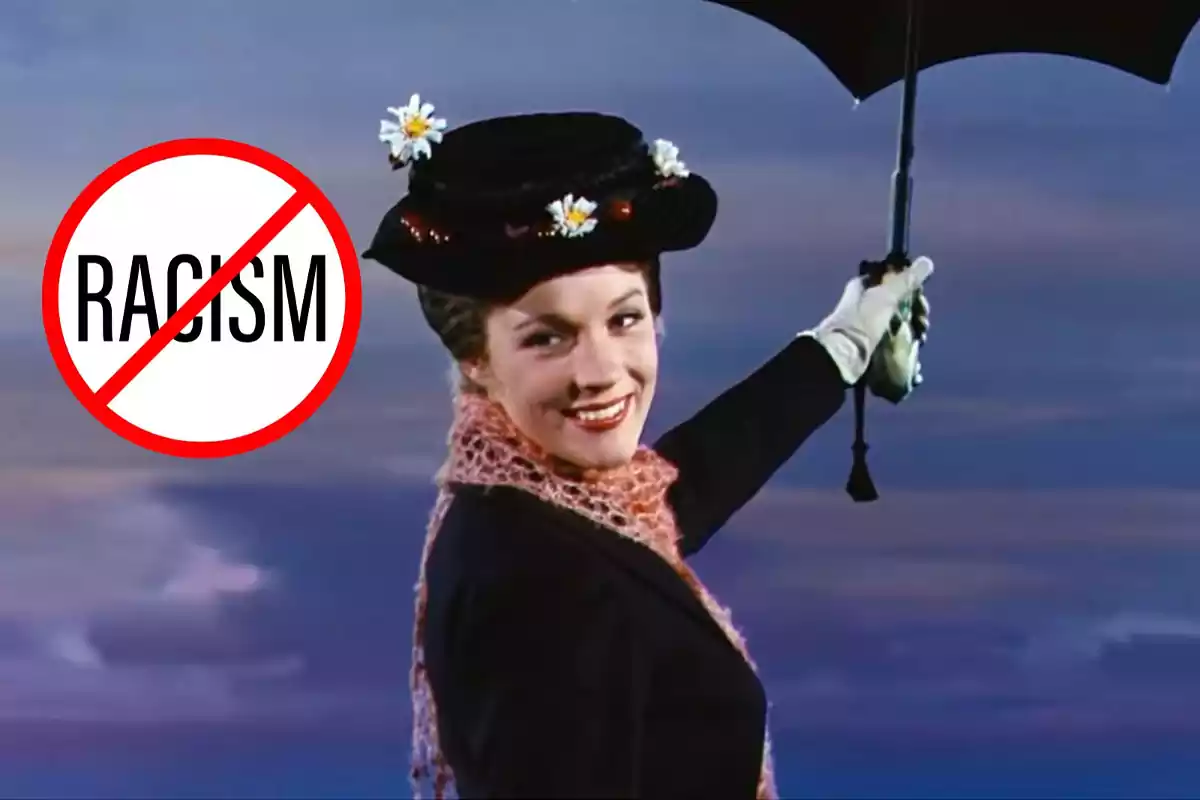 Mary Poppins en un fotomuntatge amb un símbol de stop racisme