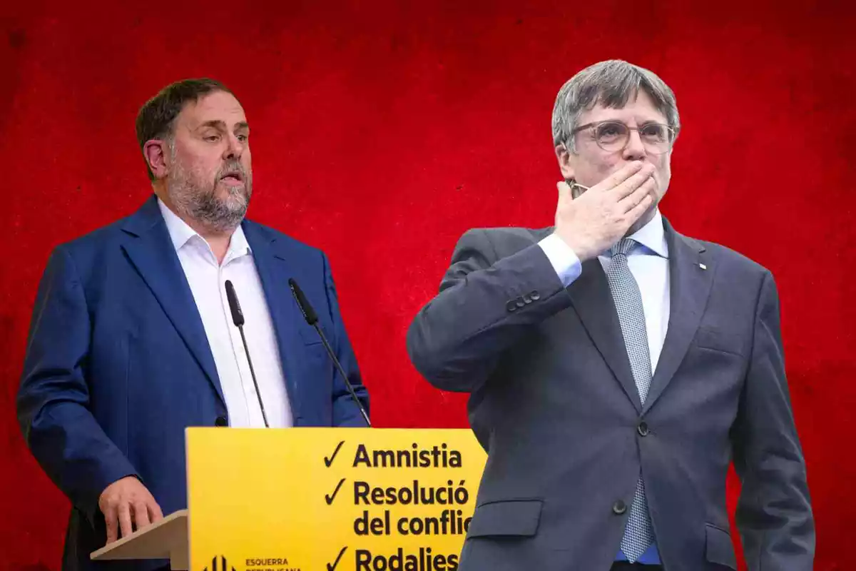 Oriol Junqueras i Carles Puigdemont en un fotomuntatge amb el fons vermell