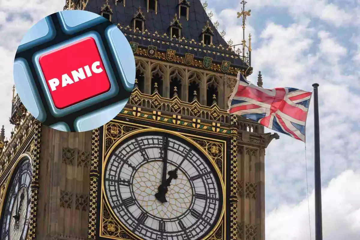 Fotomuntatge del Big Ben amb un botó de 'pànic'