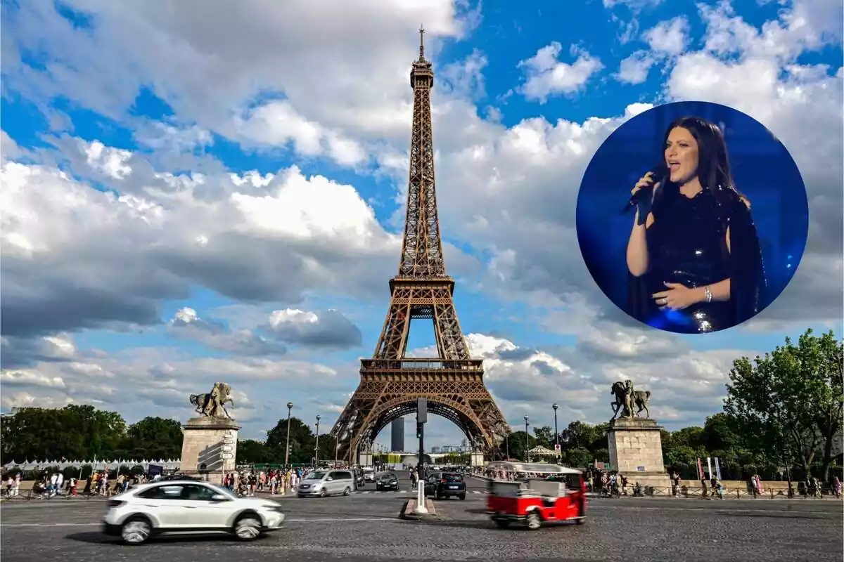 Torre Eiffel de París amb una foto de Laura Pausini