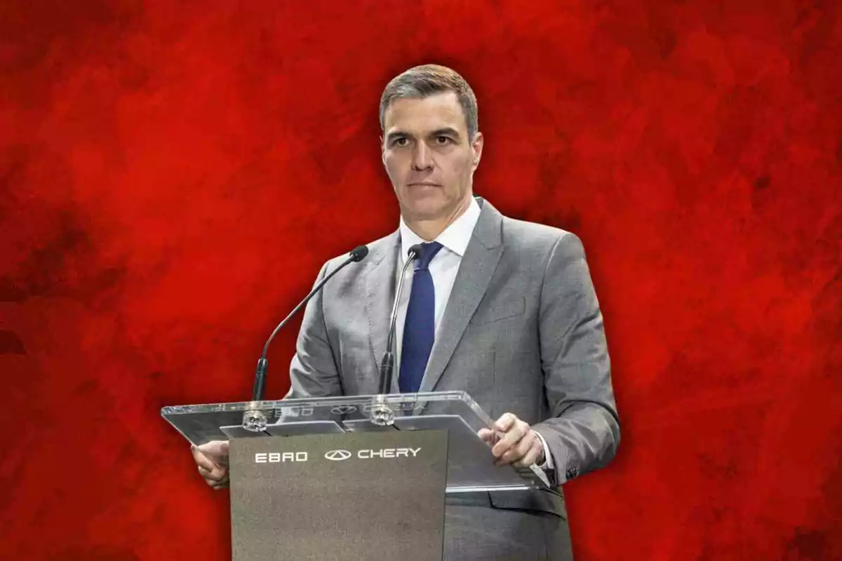 Pedro Sánchez en un fotomuntatge amb el fons vermell