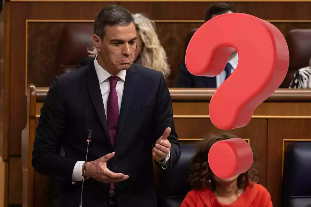 El president Pedro Sánchez en un fotomuntatge amb un signe d?interrogació