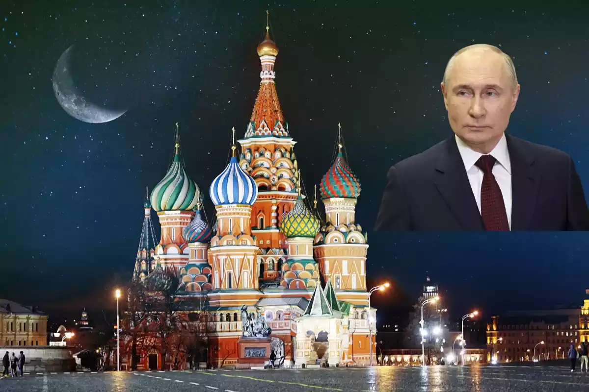 Fotomuntatge de Putin governant el cel de Moscou