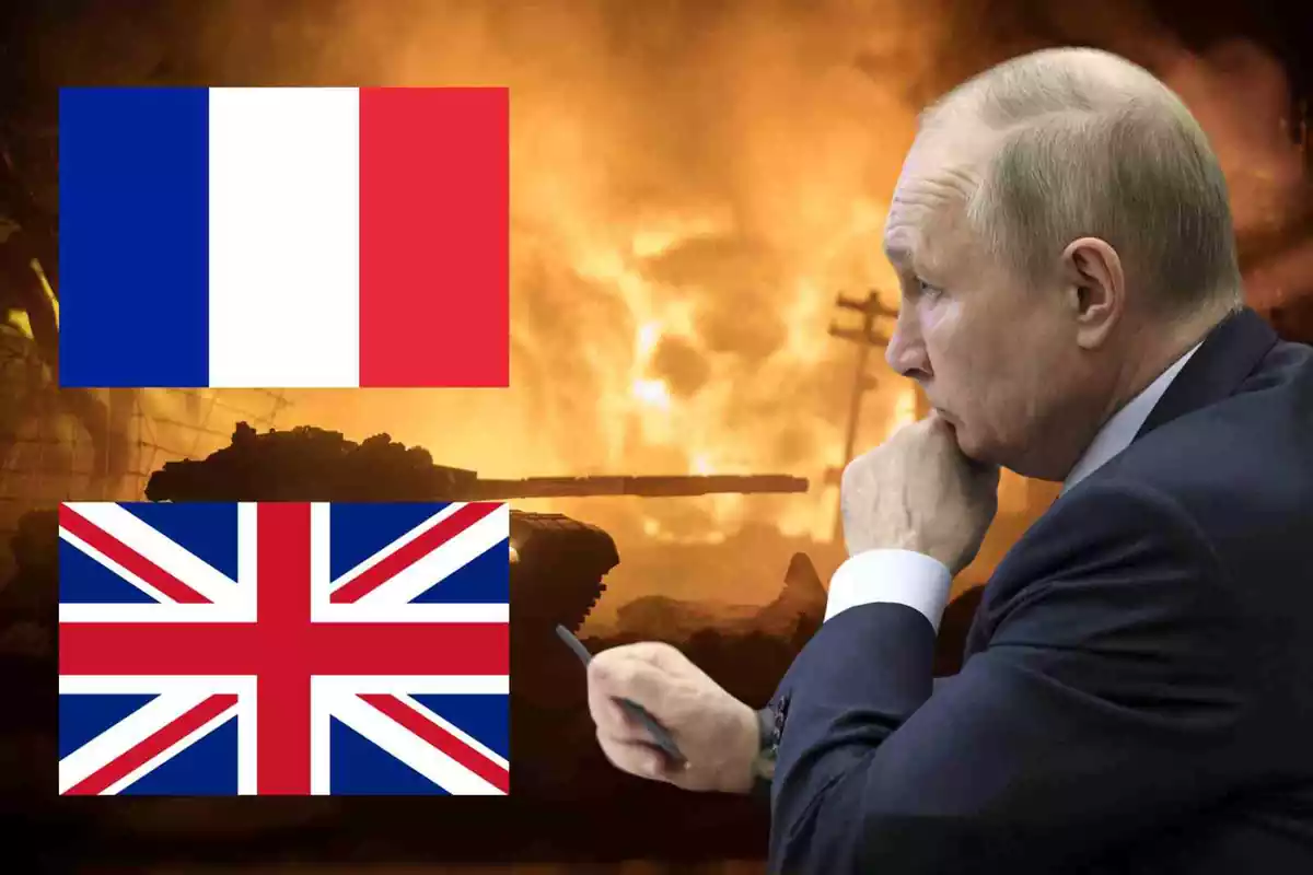 Fotomuntatge de Vladimir Putin amb les banderes del Regne Unit i França