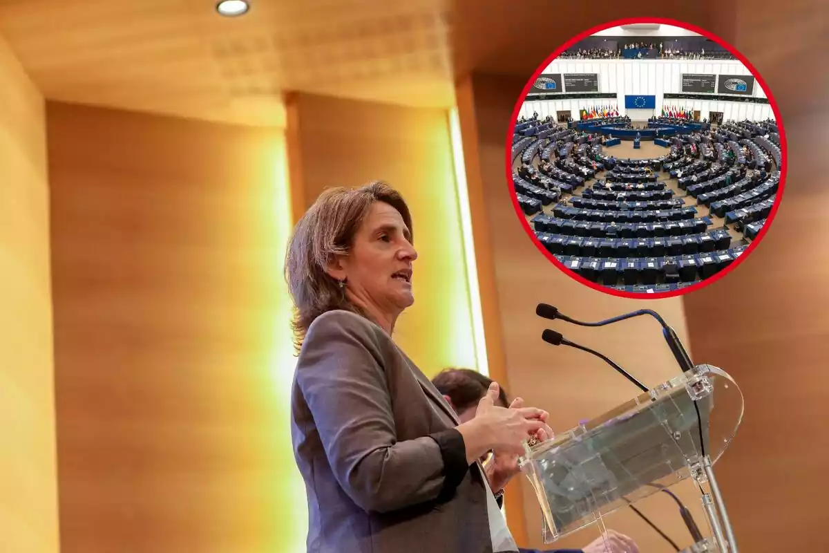 Teresa Ribera amb una imatge del Parlament Europeu