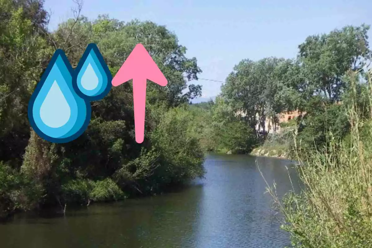 Imatge del riu muga amb dues emoticones que simbolitzen la pujada del nivell de l'aigua