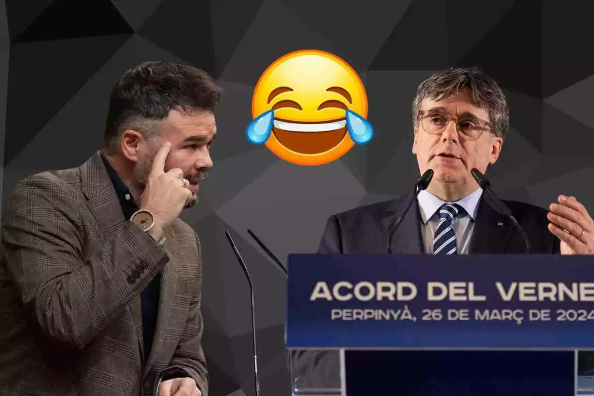 Rufián i Puigdemont en un fotomuntatge amb una emoticona rient