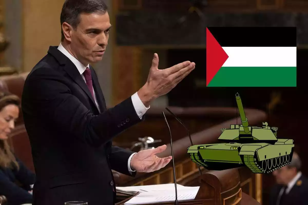 El president Pedro Sánchez en un fotomuntatge amb la bandera de Palestina i un tanc