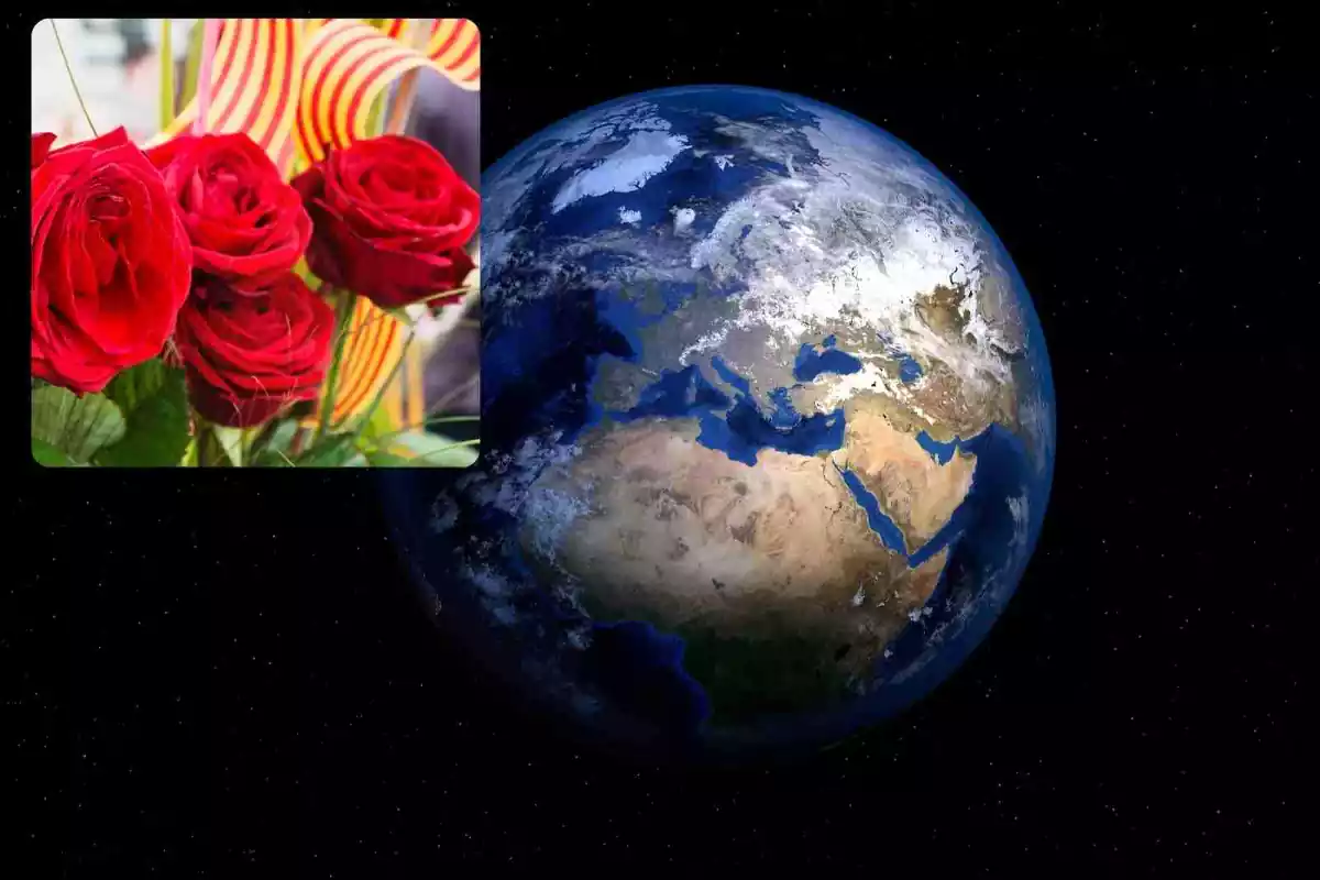 Fotomuntatge de les roses de Sant Jordi sobre una imatge de la Terra