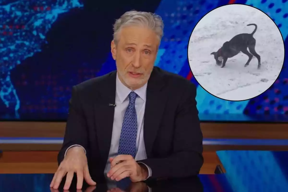 El presentador Jon Stewart amb una foto del seu gos