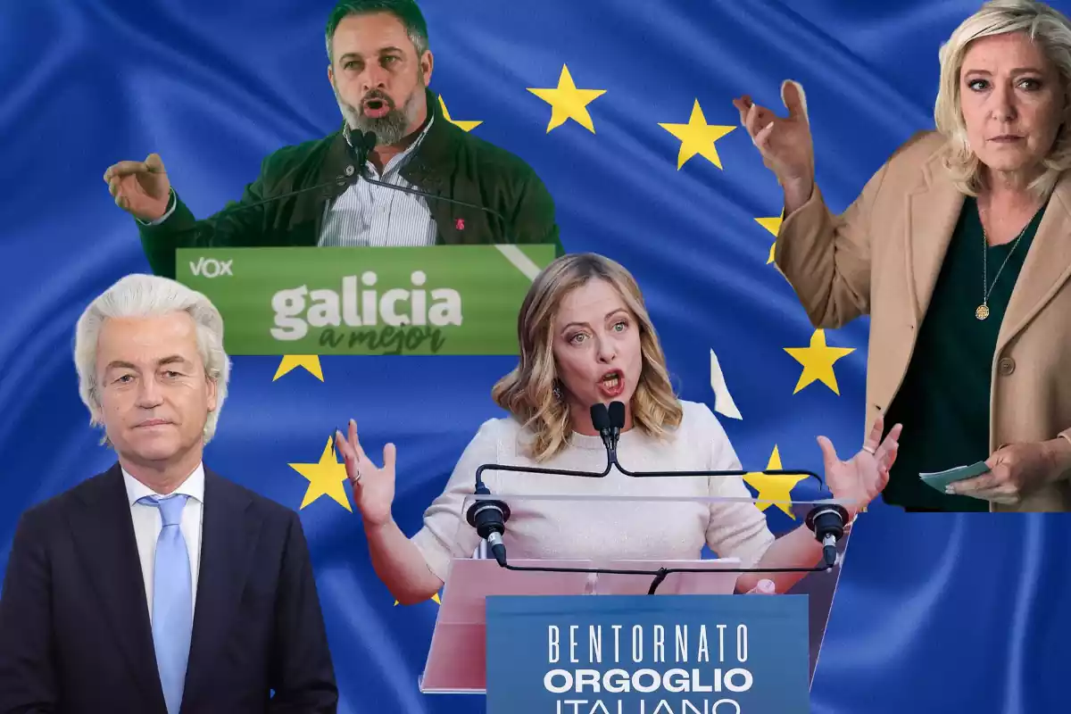 Gert Wilders, Santiago Abascal, Giorgia Meloni i Marine Le Pen en un fotomuntatge amb la bandera d'Europa de fons