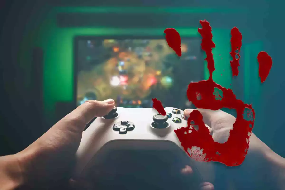 Un jove juga a un videojoc amb una petjada de sang sobreimpressionada
