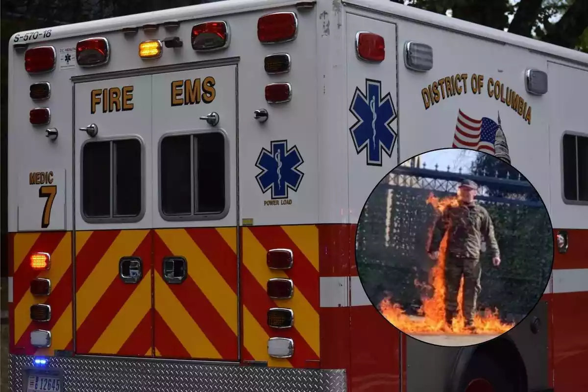 Ambulància de Washington al costat del soldat calant foc