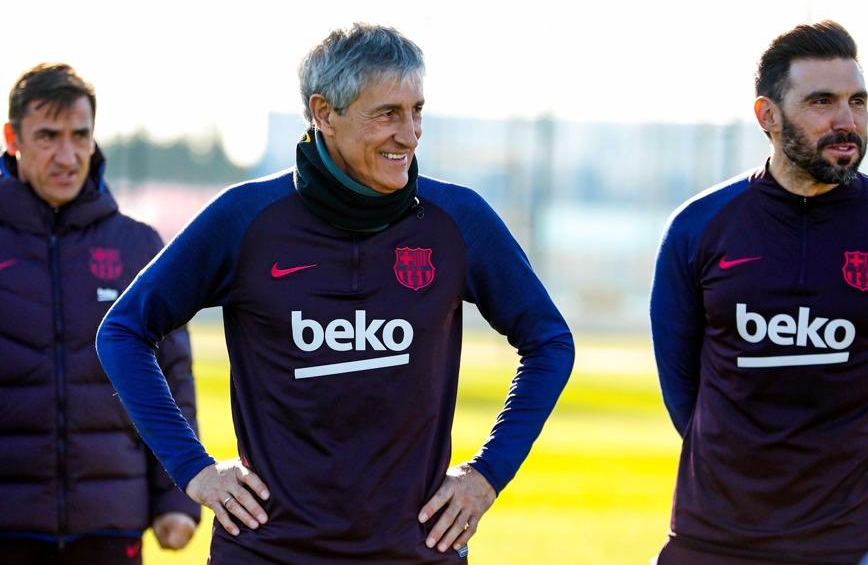 Quique Setién durante su primer entrenamiento en el FC Barcelona