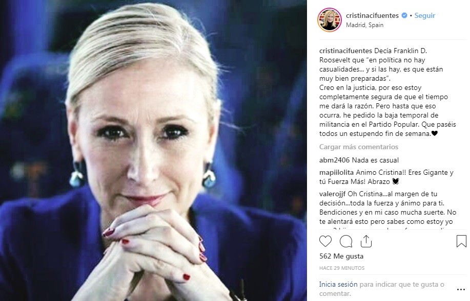 Cristina Cifuentes anuncia en el seu Instagram que demana la baixa temporal del PP