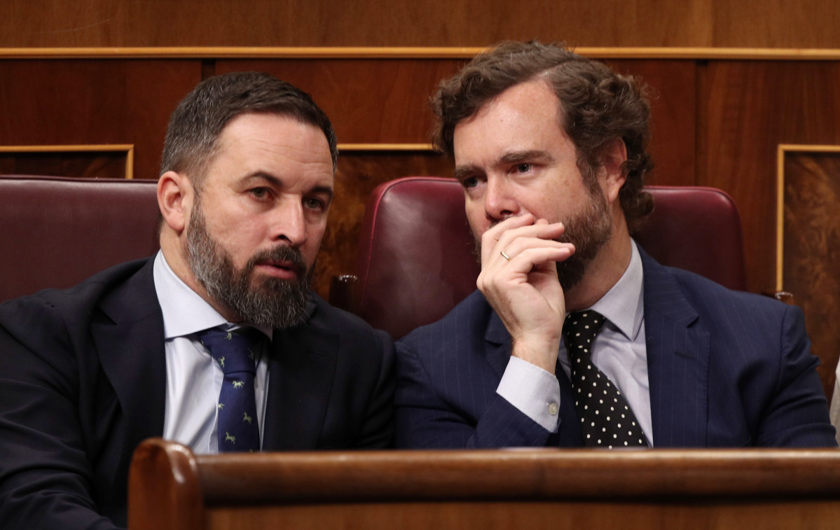 El president de Vox, Santiago Abascal, i el portaveu al Congrés, Iván Espinosa dels Monteros, parlant a l'hemicicle