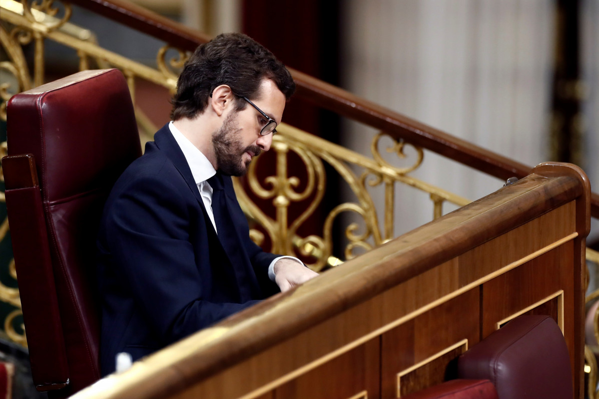 El líder de PP, Pablo Casado, durant un ple celebrat al Congrés. A Madrid, (Espanya), a 9 d'abril de 2020.