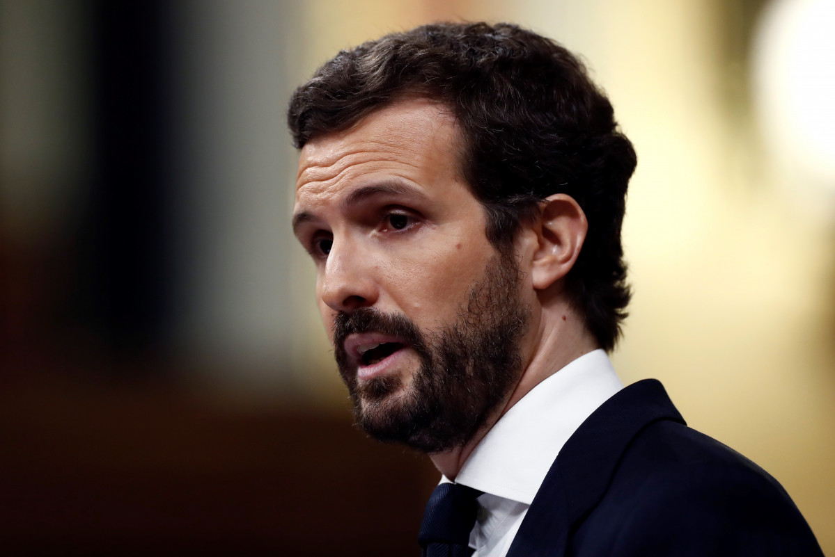 El líder de PP, Pablo Casado, durant la seva intervenció en el ple de Congrés. A Madrid, (Espanya), a 9 d'abril de 2020.