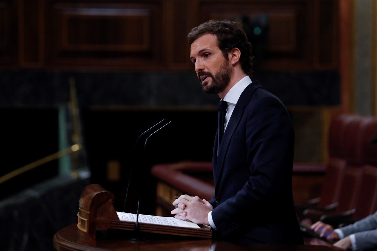 El líder de PP, Pablo Casado, durant la seva intervenció en el ple de Congrés aquest dimecres on s'autoritzarà una altra pròrroga de l'estat d'alarma sol·licitada pel Govern. A Madrid, (Espanya), a 6 de maig de 2020.