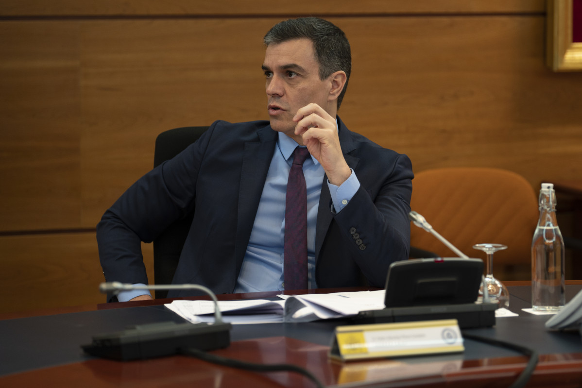 El president de Govern, Pedro Sánchez, durant la reunió de Consell de ministres extraordinari, que convalidarà la quarta pròrroga de l'estat d'alarma fins al 23 de maig, a Madrid (Espanya), a 8 de maig de 2020.