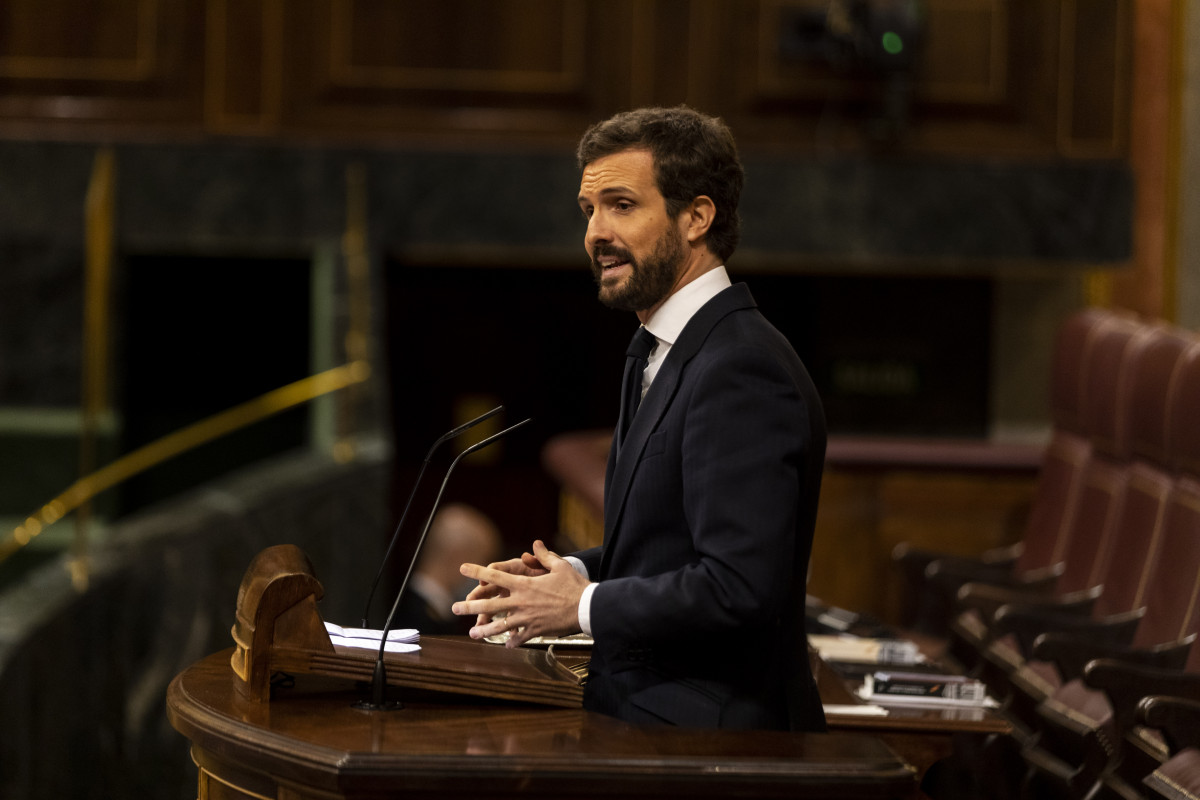 El president de el Partit Popular, Pablo Casado, durant la seva rèplica en el debat sobre la pròrroga de l'estat d'alarma, a Madrid, (Espanya), a 3 de juny de 2020.